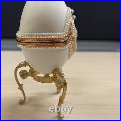 Vtg Cameo Jeweled Real Ostrich Egg Pedestal Hinged Box Music Box Rhinestones