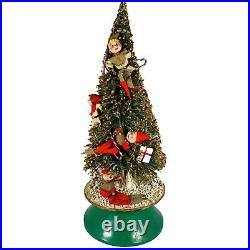 Vtg Christmas Rotating Bottle Brush Christmas Tree Music Box Pixies Jingle Bells