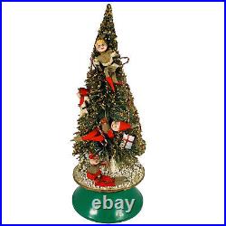 Vtg Christmas Rotating Bottle Brush Christmas Tree Music Box Pixies Jingle Bells