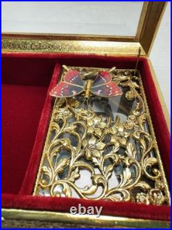 Vtg Enamel Red Butterfly Automation Music Jewelry Box San Francisco Music Box Co