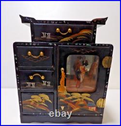 Vtg. Japanese Black Laquered Wood Handpainted Music Jewelry Box Geisha Doll