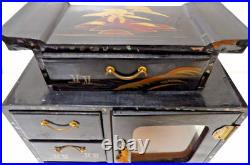 Vtg. Japanese Black Laquered Wood Handpainted Music Jewelry Box Geisha Doll