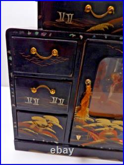 Vtg. Japanese Black Laquered Wood Handpainted Music Jewelry Box Geisha Doll
