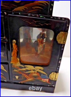 Vtg. Japanese Black Laquered Wood Handpainted Music Jewelry Box Geisha Doll