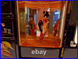 Vtg. Japanese Black Laquered Wood Handpainted Music Jewelry Box Geisha Doll