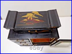 Vtg. Japanese Black Laquered Wood Handpainted Music Jewelry Box Geisha Doll