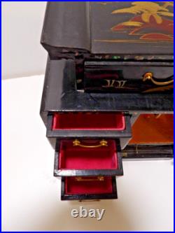 Vtg. Japanese Black Laquered Wood Handpainted Music Jewelry Box Geisha Doll