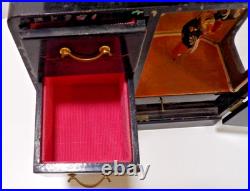 Vtg. Japanese Black Laquered Wood Handpainted Music Jewelry Box Geisha Doll