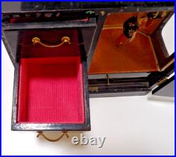 Vtg. Japanese Black Laquered Wood Handpainted Music Jewelry Box Geisha Doll