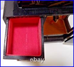 Vtg. Japanese Black Laquered Wood Handpainted Music Jewelry Box Geisha Doll