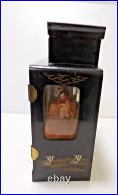Vtg. Japanese Black Laquered Wood Handpainted Music Jewelry Box Geisha Doll