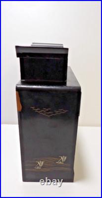 Vtg. Japanese Black Laquered Wood Handpainted Music Jewelry Box Geisha Doll