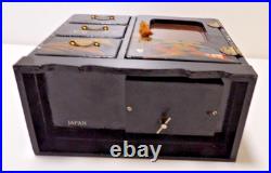 Vtg. Japanese Black Laquered Wood Handpainted Music Jewelry Box Geisha Doll