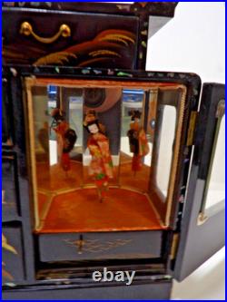 Vtg. Japanese Black Laquered Wood Handpainted Music Jewelry Box Geisha Doll