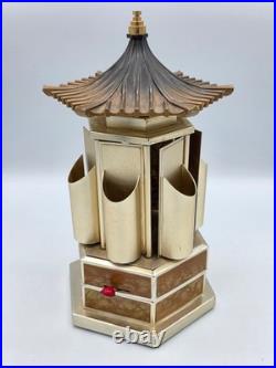 Vtg Japanese Metal Pagoda Style Music Box with Doors That Open For Storage