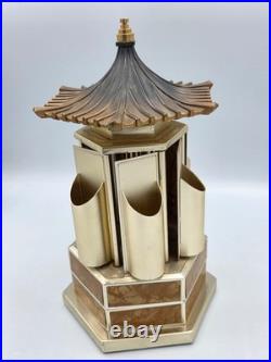 Vtg Japanese Metal Pagoda Style Music Box with Doors That Open For Storage