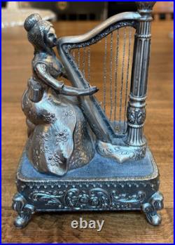 Vtg Pewter Music Box Woman Playing Harp Arms Move Music Box Dancer Japan