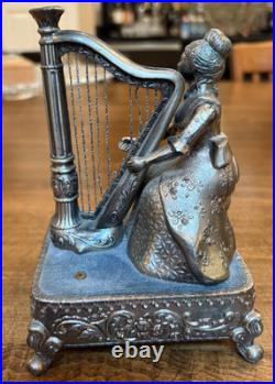 Vtg Pewter Music Box Woman Playing Harp Arms Move Music Box Dancer Japan
