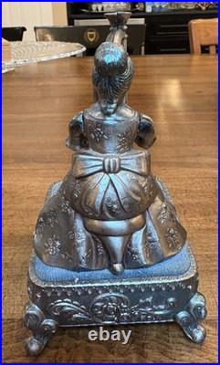 Vtg Pewter Music Box Woman Playing Harp Arms Move Music Box Dancer Japan