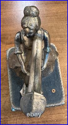 Vtg Pewter Music Box Woman Playing Harp Arms Move Music Box Dancer Japan
