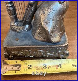 Vtg Pewter Music Box Woman Playing Harp Arms Move Music Box Dancer Japan