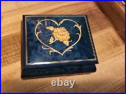 Vtg Romance Swiss Music Jewelry Box Edelweiss Blue Inlaid Wood Flower Heart