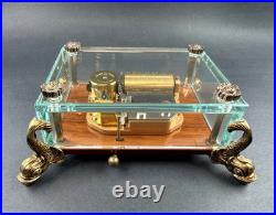 Vtg Swiss Reuge Crystal Clear Glass Music Box Dolphin Legs Beveled Switzerland