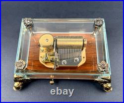 Vtg Swiss Reuge Crystal Clear Glass Music Box Dolphin Legs Beveled Switzerland