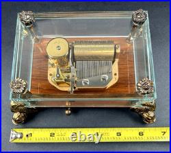 Vtg Swiss Reuge Crystal Clear Glass Music Box Dolphin Legs Beveled Switzerland