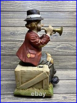 Vtg Waco Willie The Hobo Ceramic Clown Music Box Trumpet Melody Motions 12
