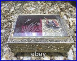 WORKING Vintage Westland Music Jewelry Box Butterfly Moving Wings Beveled Glass