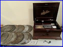 WORKS! Vintage Antique Hand Crank Stella Music Box Record Player With 12 Discs
