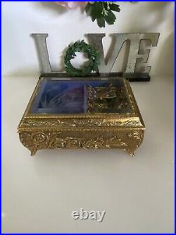 Westland Music Jewelry Box Etched Glass Enamel Butterfly Japan Movement Vintage
