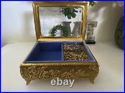 Westland Music Jewelry Box Etched Glass Enamel Butterfly Japan Movement Vintage