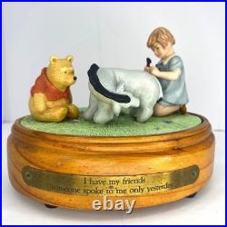 Winnie the Pooh Piglet Eeyore Music Box Wooden Base I have my friends WORKS